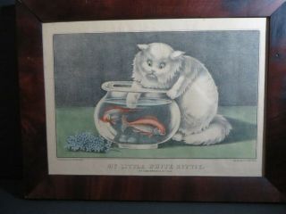 Antique Currier & Ives Litho.  Print My Little White Kitties After The Goldfish