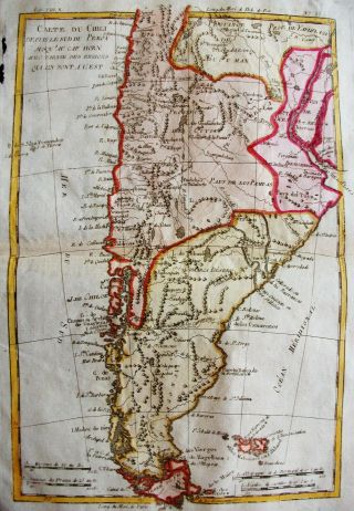 1770 BONNE orig.  map: SOUTH AMERICA,  CHILE,  ARGENTINA PATAGONIA TIERRA del FUEGO 2
