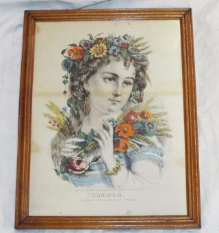 Old Antique Currier & Ives Framed Summer Flower Girl Lithograph Print Color