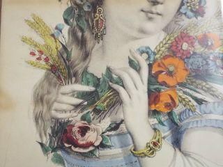 Old Antique CURRIER & IVES Framed SUMMER Flower Girl Lithograph PRINT Color 3