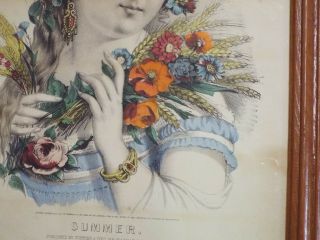 Old Antique CURRIER & IVES Framed SUMMER Flower Girl Lithograph PRINT Color 4