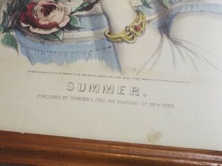 Old Antique CURRIER & IVES Framed SUMMER Flower Girl Lithograph PRINT Color 5