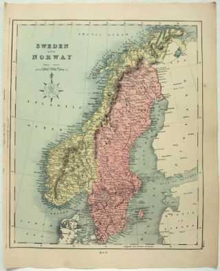 1878 Map Of Sweden & Norway By William Hughes & John Dower.  Antique