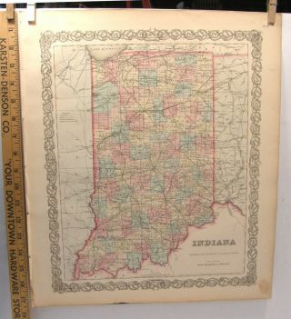 Antique Hand Color Engraving Map Indiana 1859 Colton 