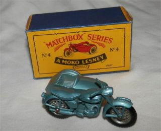 1960s.  Matchbox Lesney 4 Triumph Motorcycle And Sidecar.  All