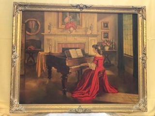 Antique Lithograph Sonata By Artist M.  Ditlef Lady In Red Dress Playing Piano
