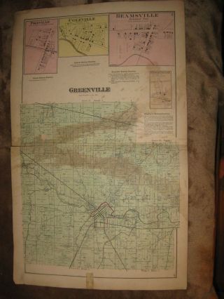 Large Antique 1875 Greenville Township City Beamsville Darke County Ohio Map Nr
