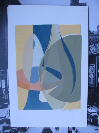 Barbara Biber.  Signed Mid Century Abstract Color Print Dated 1959