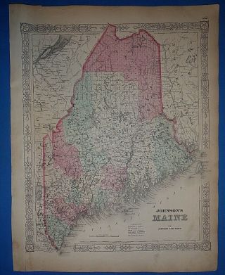 Vintage 1864 Maine Map Old Antique Johnson 