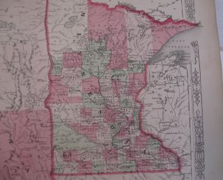 Hand Colored Map Johnson ' s Atlas Minnesota Dakota St.  Paul Sioux Falls MN 1863 2