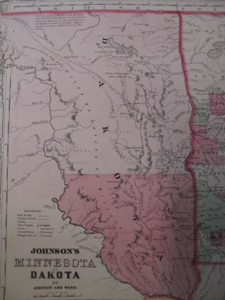 Hand Colored Map Johnson ' s Atlas Minnesota Dakota St.  Paul Sioux Falls MN 1863 3