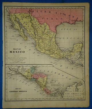 Vintage 1853 Texas Mexico Central America Map Old Antique Hand Colored