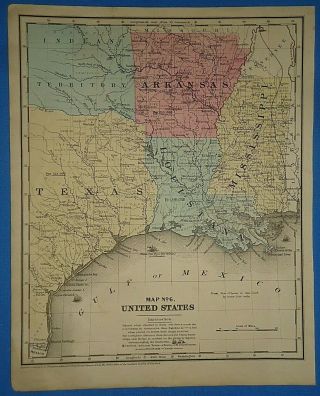 Vintage 1853 Texas Indian Territory Arkansas Map Antique Hand Colored