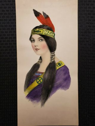 Antique Native American Indian Woman Maiden Color Long Print Schlesinger ?
