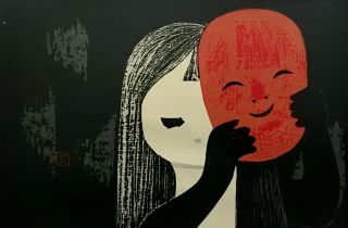 Kaoru Kawano Signed Japanese Woodblock Print Girl With Red Mask