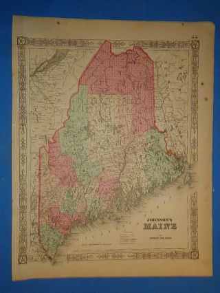 Vintage 1865 Maine Map Old Antique Johnson Atlas 20419