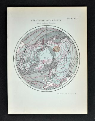 1894 Muller North Pole Map Showing Isothermal Lines Winter Arctic Ocean World