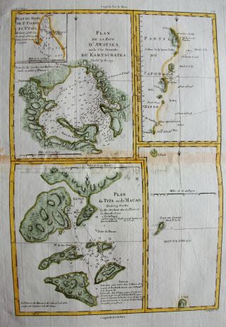 1789 BONNE - rare map of KAMCHATKA PENINSULA,  RUSSIA,  ASIA,  JAPAN,  AWATSKA BAY 2
