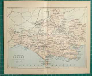 1882 Small Antique County Map Dorset Dorchester Sherborne Weymouth Poole