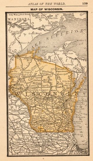 1888 Antique Wisconsin Map Rare Miniature Size Map Of Wisconsin State Map 6514
