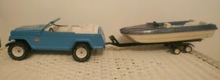 Vintage Blue Tonka Jeep,  Jeepster With Boat Trailer And A Plastic Boat