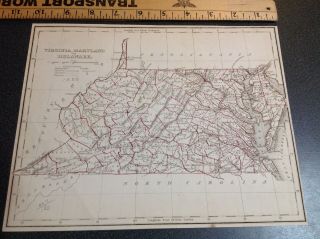 1986 Antique Vintage Map Hand Colored Virginia Maryland Railroads 1838