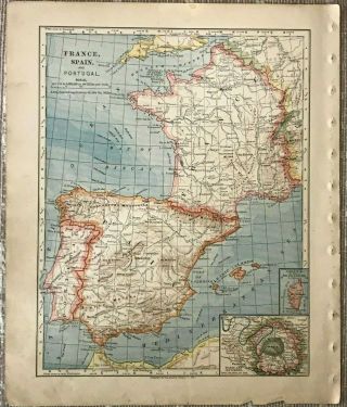 Vintage Color Map Of France,  Spain And Portugal Printed 1883