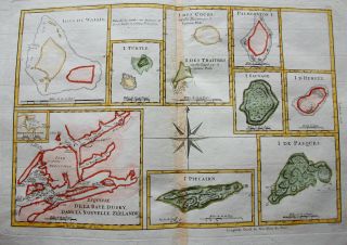 1789 BONNE - rare map: RESOLUTION ISLANDS,  ZEALAND,  EASTER Isl.  DUSKY SOUND 2