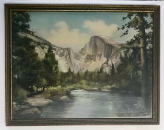 Antique Print Yosemite Half Dome Framed Blue Green Gold Arts & Crafts Early 1900