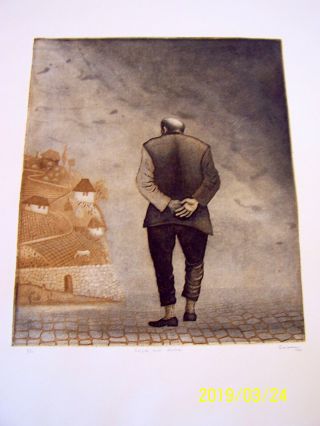 Hand Signed Numbered Lithograph Emir 1974 " The Man In Front Of The Hill " Bosnian