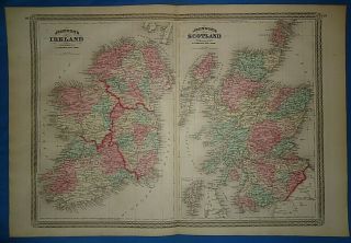 Vintage 1872 Ireland Scotland Map Old Antique Johnson 