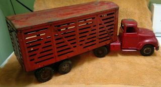 1950s Pressed Steel Red Tonka Toys Truck With Livestock Hauler Semi Trailer