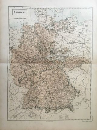 1858 Germany Large Antique Map By Adam & Charles Black 160 Years Old
