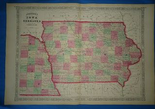 Vintage 1867 Iowa - Nebraska Map Old Antique Johnson 