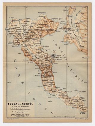 1894 Antique Map Of Corfu Island / Greece