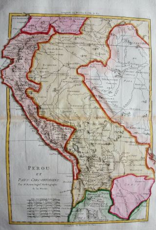 1789 BONNE - rare map of SOUTH AMERICA,  PERU,  COLOMBIA,  ECUADOR,  BRAZIL,  LIMA 2