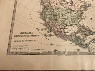 Antique 1876 Italian Map America Settentrionale e Indie Occidentali Rare Find 3