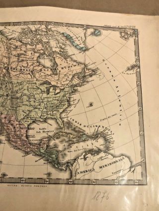 Antique 1876 Italian Map America Settentrionale e Indie Occidentali Rare Find 4