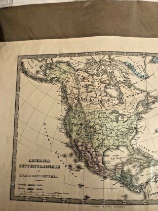 Antique 1876 Italian Map America Settentrionale e Indie Occidentali Rare Find 6