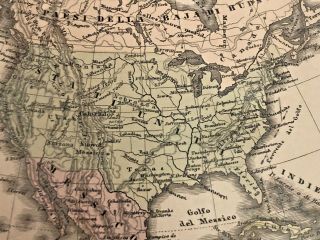 Antique 1876 Italian Map America Settentrionale e Indie Occidentali Rare Find 7