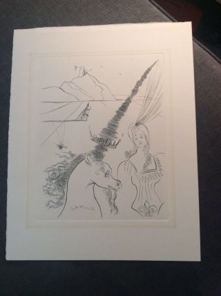 Salvador Dali Lady And The Unicorn Black And White Etching 1971