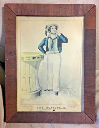 The Boatswain Antique Framed Currier & Ives Litho Print Circa 1840s Nautical