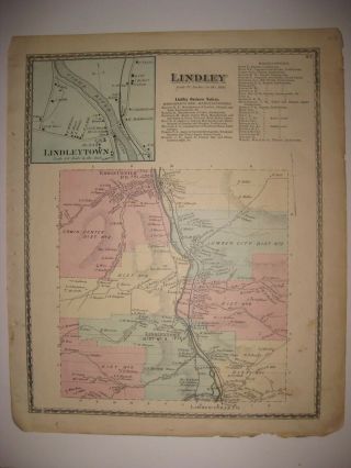 Antique 1873 Lindley Lindleytown Steuben County York Handcolored Map Rare Nr