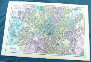 Leeds - Large Antique City Plan / Map - Bacon,  1897.