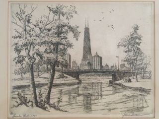 James Swann (1905 - 1985) Lincoln Park 1969 Drypoint Etching 8” X10.  25”