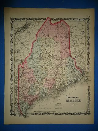 Vintage 1862 Maine Map Old Antique Johnson 