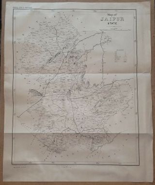 India 1888 Map Of Jaipur State Printed 1906 Survey Of India Offices 40cm X 33cm