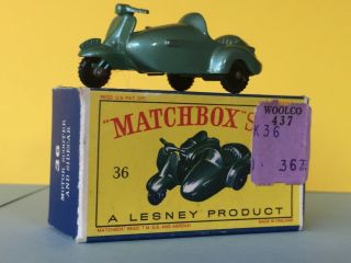 Matchbox Lesney Moko No.  36 Lambretta Motor Scooter And Sidecar W/box