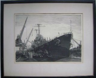 John Taylor Arms 1945 Etching U.  S.  S.  Columbia Pencil Signed Listed Artist Fine