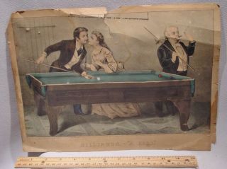 Old Estate Scarce Curriet & Ives Print Billiards - A Kiss Rough